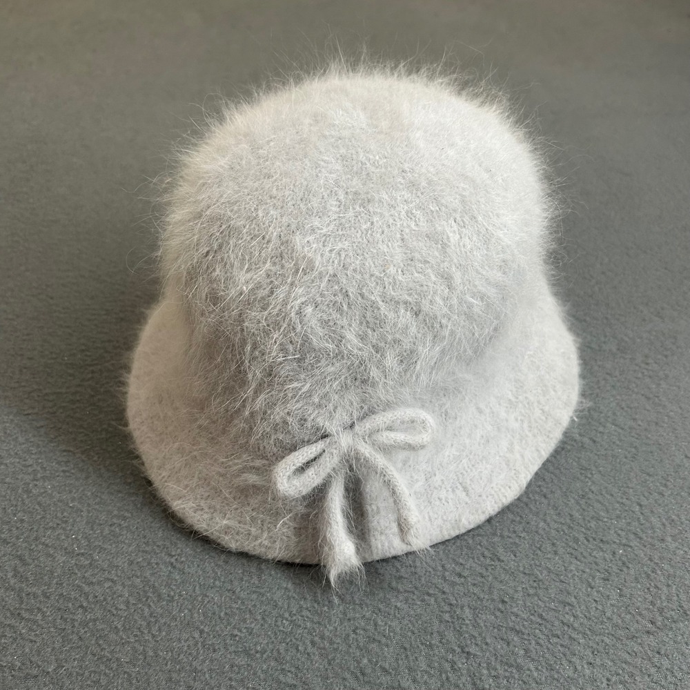 Unbranded Bucket Hat Women OS Gray Angora Blend Fuzzy Bow Cloche Winter Hat